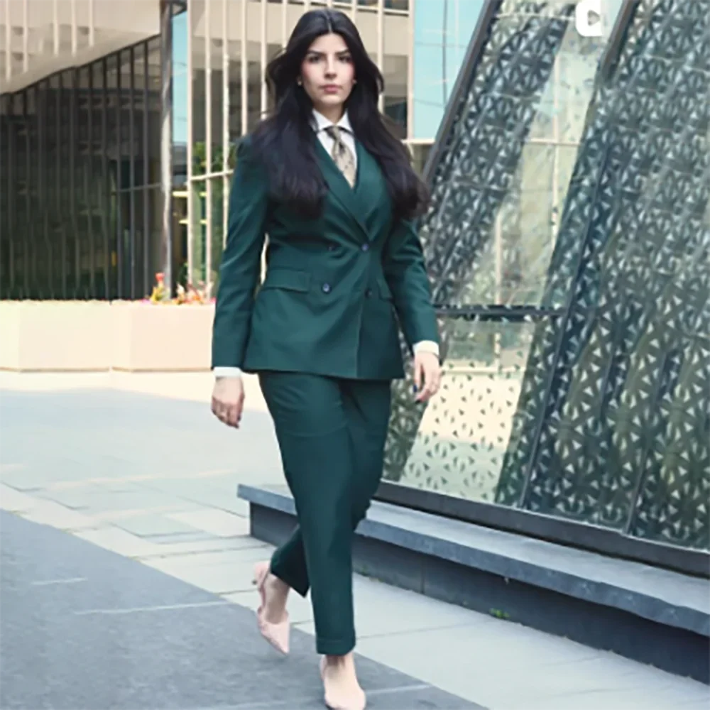 Sophisticated Women Green 2 Piece Suit Elegant Formal Office Fashion Dinner Party Set Double Breasted Professional Jacket+Pants