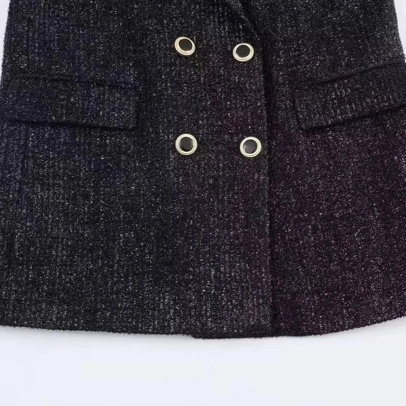 Office Lady Chic Black Blazer V Neck Double Buttons Long Jackets Fashion 2026 Casual Pockets Female Party Outwears