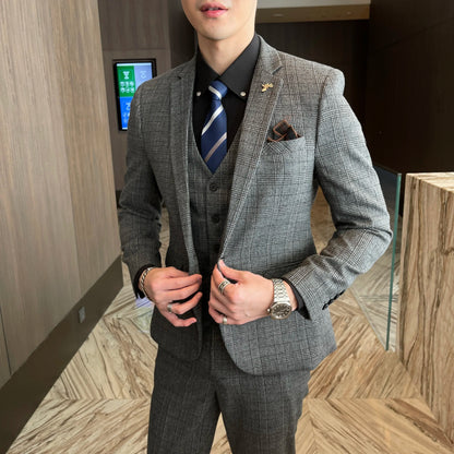 Ensemble costume trois pièces à carreaux modifié de haute qualité de style coréen britannique pour hommes - Gilet et pantalon de costume décontracté élégant