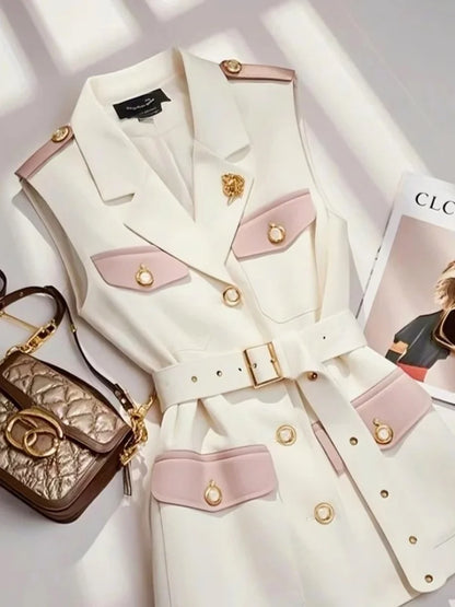 New Satin White Jacket Vest V-neck Single Breasted Slim Fit Short Coats Elegant Women Office Lady Temperament Tops Spring Summer