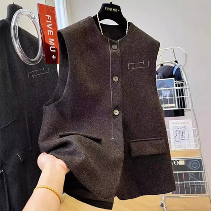 Spring Autumn Lady Fashion Sleeveless Jacket Women High End Casual Vest Outwear Korean Female Round Neck Cardigan Waistcoat Coat