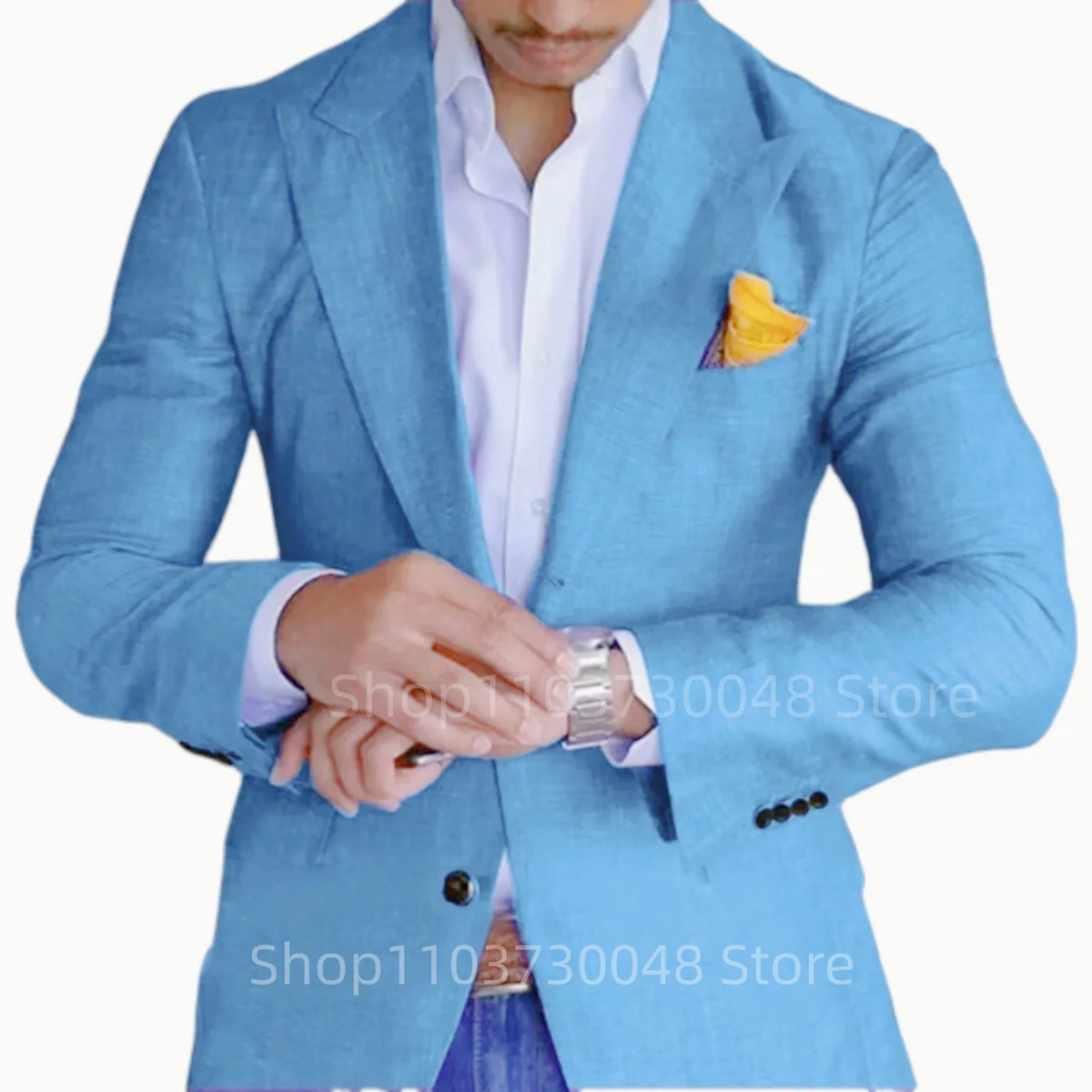 Men's Blue/Beige Linen Dress Blazer Peak Lapel Thin Suit Jacket Casual Party Prom Summer Wedding Coat Top for Daily Wear