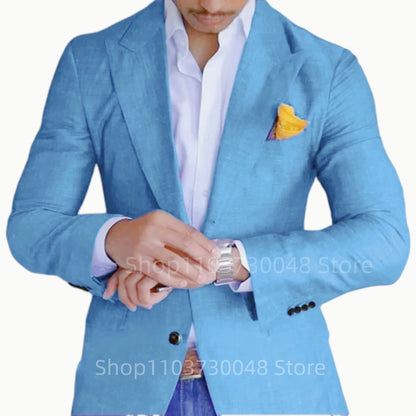 Men's Blue/Beige Linen Dress Blazer Peak Lapel Thin Suit Jacket Casual Party Prom Summer Wedding Coat Top for Daily Wear