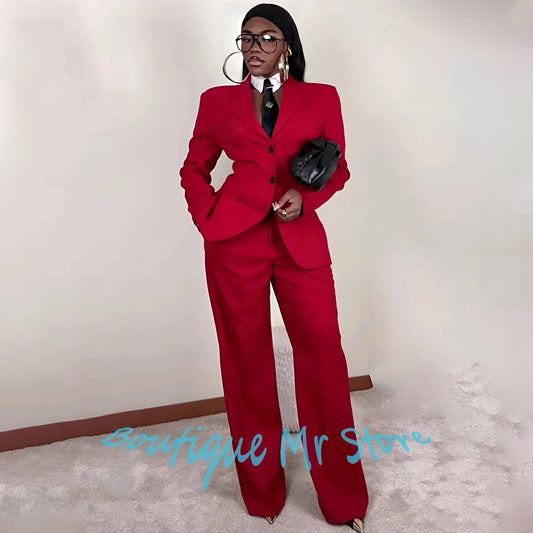 Luxury Women's Red Suit Single Breasted Blazer Set 2 Piece Jacket Pants Formal Modern Streetwear Office Business Outfit