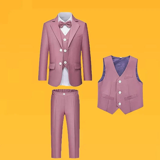 4 Pieces Pink Jacket Vest Pants Bowtie Children Skinny Dress Gentleman Kids Photograph Suit Boys Graduation Performance Costume