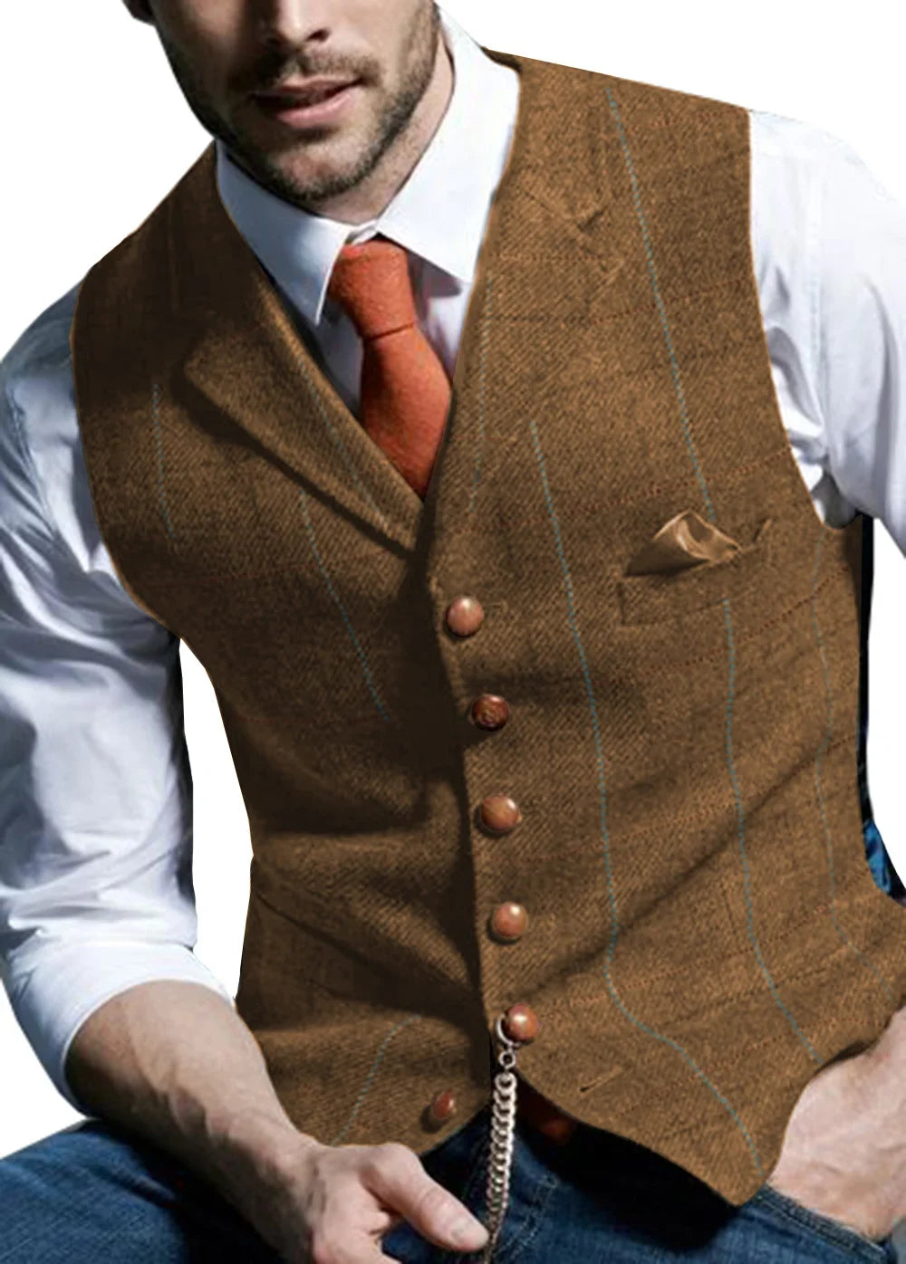 Men's Vest Herringbone Tweed Single Breasted Waistcoat for Business and Wedding