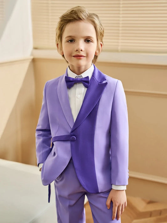 Txjojn Stylish Purple Kids Tuxedo 3 Pieces Blazer Pants With Bow-tie Dancing Wear Handsome Boys Full Sleeve Suits For Party