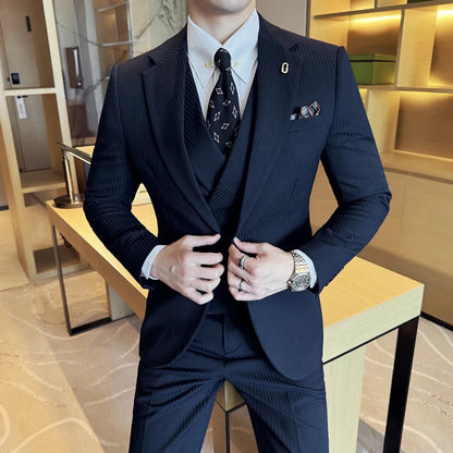 (Jackets+Pants+Vest) Luxury Stripe Men Suit Korean Version Fashion Elegant Slim Fit Tuxedo Formal Groom Wedding Social Suits
