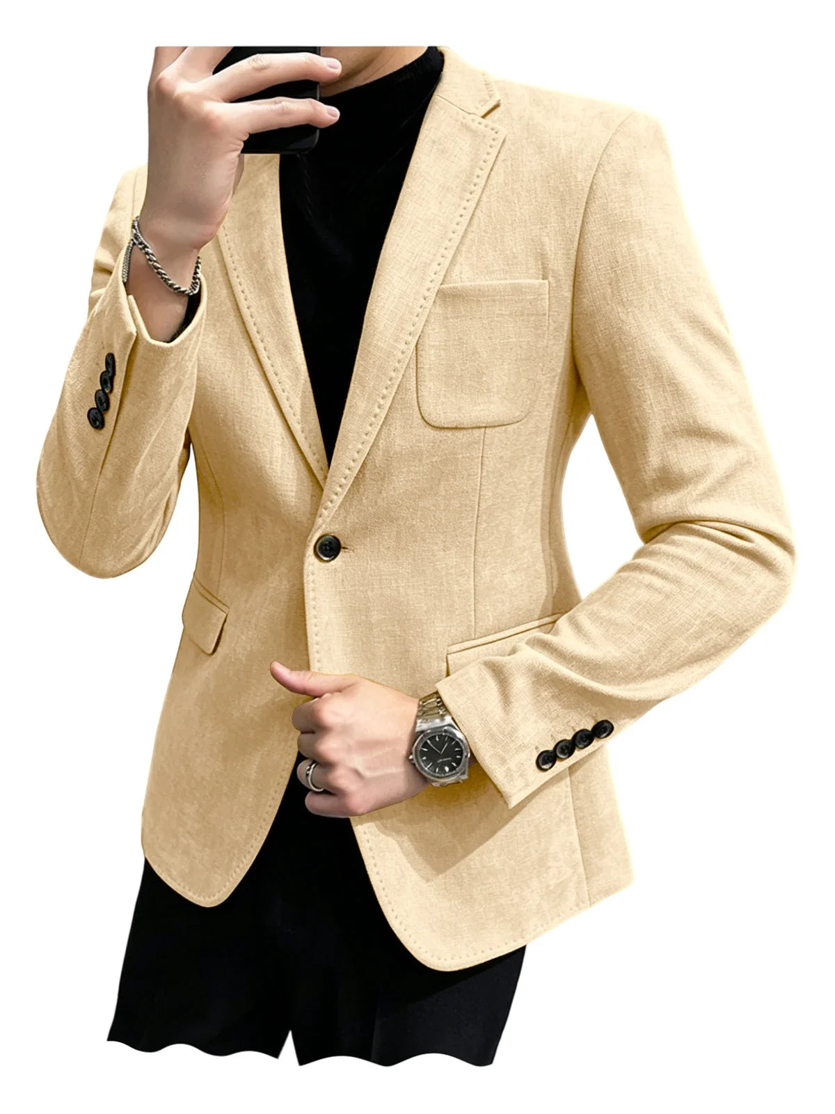 Mens Blazer Linen Blend Notched Lapel 1 Button Slim Fit Stitched Edge Patch Pockets Business Casual Daily Soft Breathable Jacket