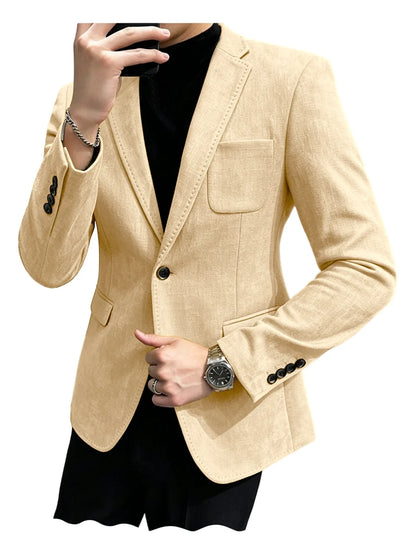Mens Blazer Linen Blend Notched Lapel 1 Button Slim Fit Stitched Edge Patch Pockets Business Casual Daily Soft Breathable Jacket