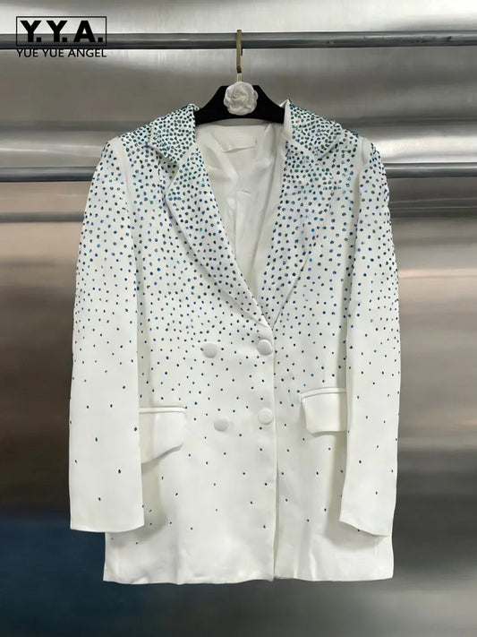 New Women Banquet Fashion Rhinestone Double Breasted Suit Jacket Turndown Collar Long Sleeve Designer Ladies Elegant Blazers