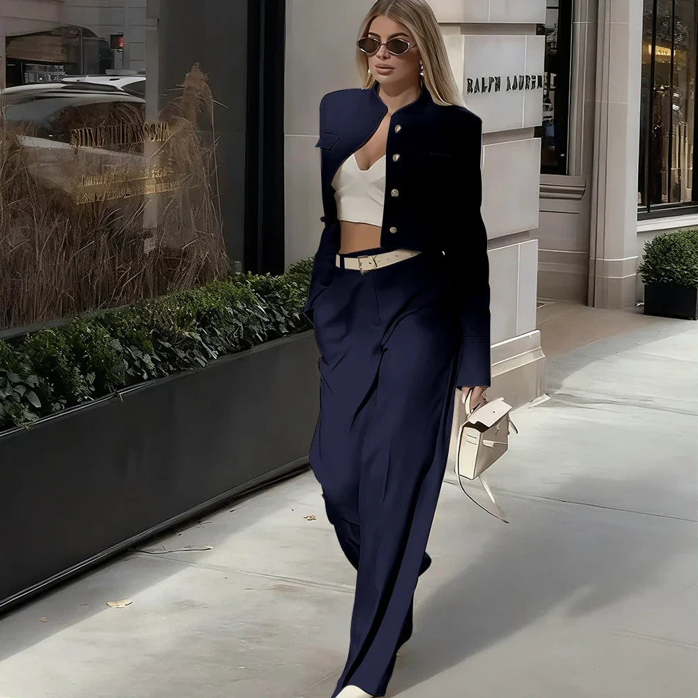 Beige Cropped Blazer Suit Set New Women's Jackets Single Breasted Round Neck Fashion Streetwear Elegant Office Lady Outerwears