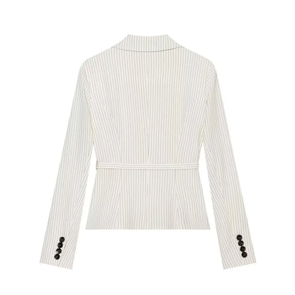 Elegant Women's Striped Blazer With Belt 2026 Spring Autumn Lapel Long Sleeves Single Breasted Slim Trendy Office Lady Suit