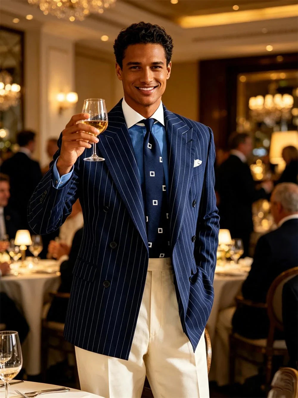 Navy Blue Striped Pattern Business Suit Jacket Double Breasted Slim Fit Blazer Casual Formal Attire Office Groom's Wedding Dress