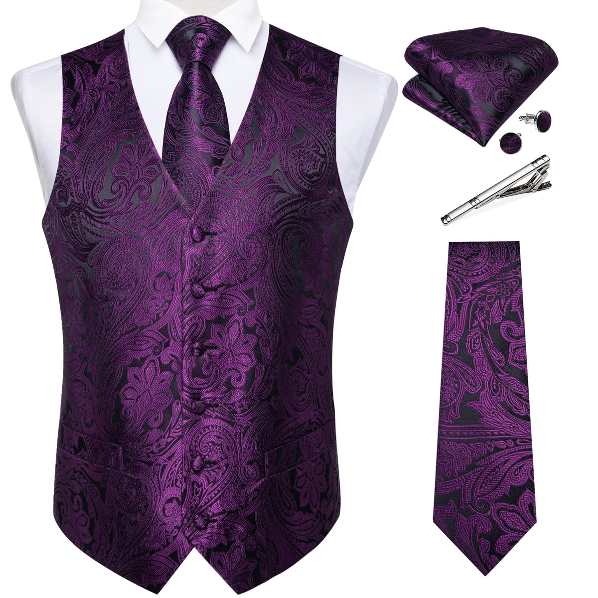 Men's Suit Vest Set with Tie, Handkerchief & Cufflinks for Wedding & Banquet
