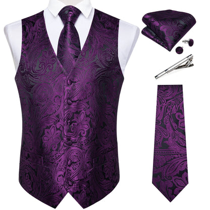 Men's Suit Vest Set with Tie, Handkerchief & Cufflinks for Wedding & Banquet