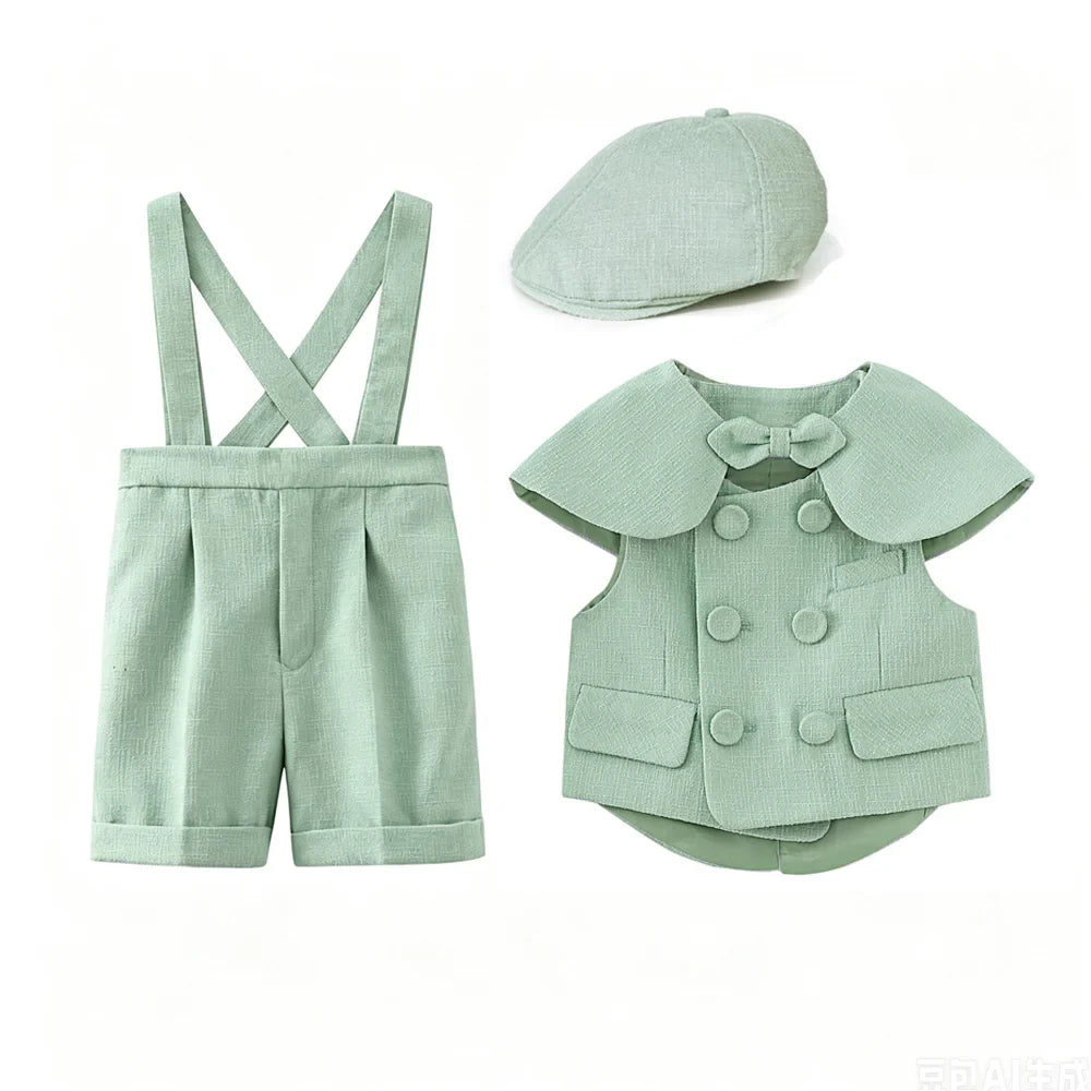 6Pcs Toddler Baby Boy Suit Light Green Waistcoat Shorts Bow Shawl Hat Kids Gentleman Outfit For Birthday Wedding Photo Shoot