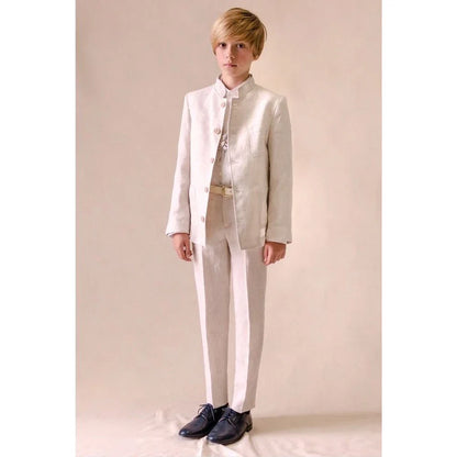 Chic Linen Boy Suits Fashion Stand Collar Single Breasted Blazer with Pants Formal Wedding Tuxedo Daily Casual Kids Clothes