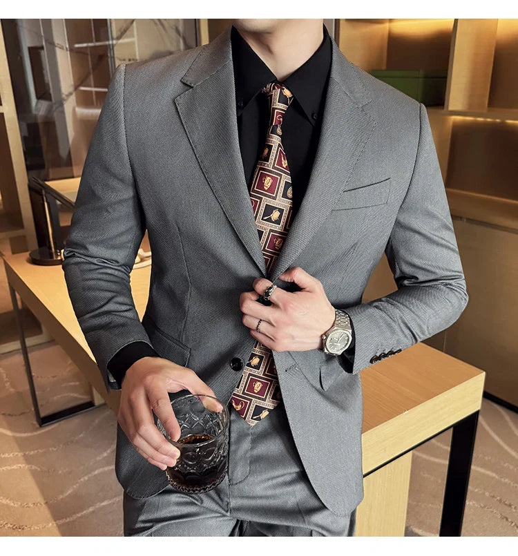 Men's bird's eye pattern high-end craftsmanship summer thin suit set, two-piece wedding banquet business casual suit
