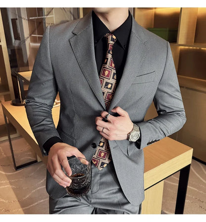 Men's bird's eye pattern high-end craftsmanship summer thin suit set, two-piece wedding banquet business casual suit