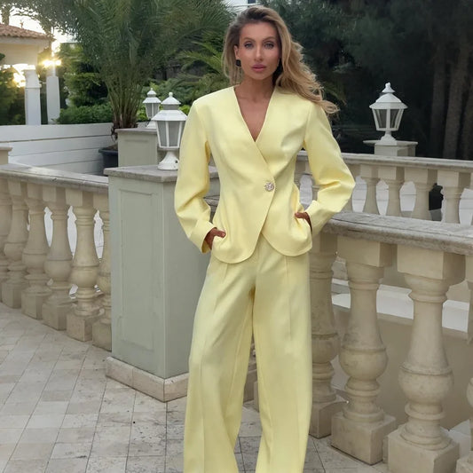 Youthful Women Light Yellow 2‑Piece Suit Set Single Button Blazer Wide Leg Pants Wedding Guest Evening Party Outerwears