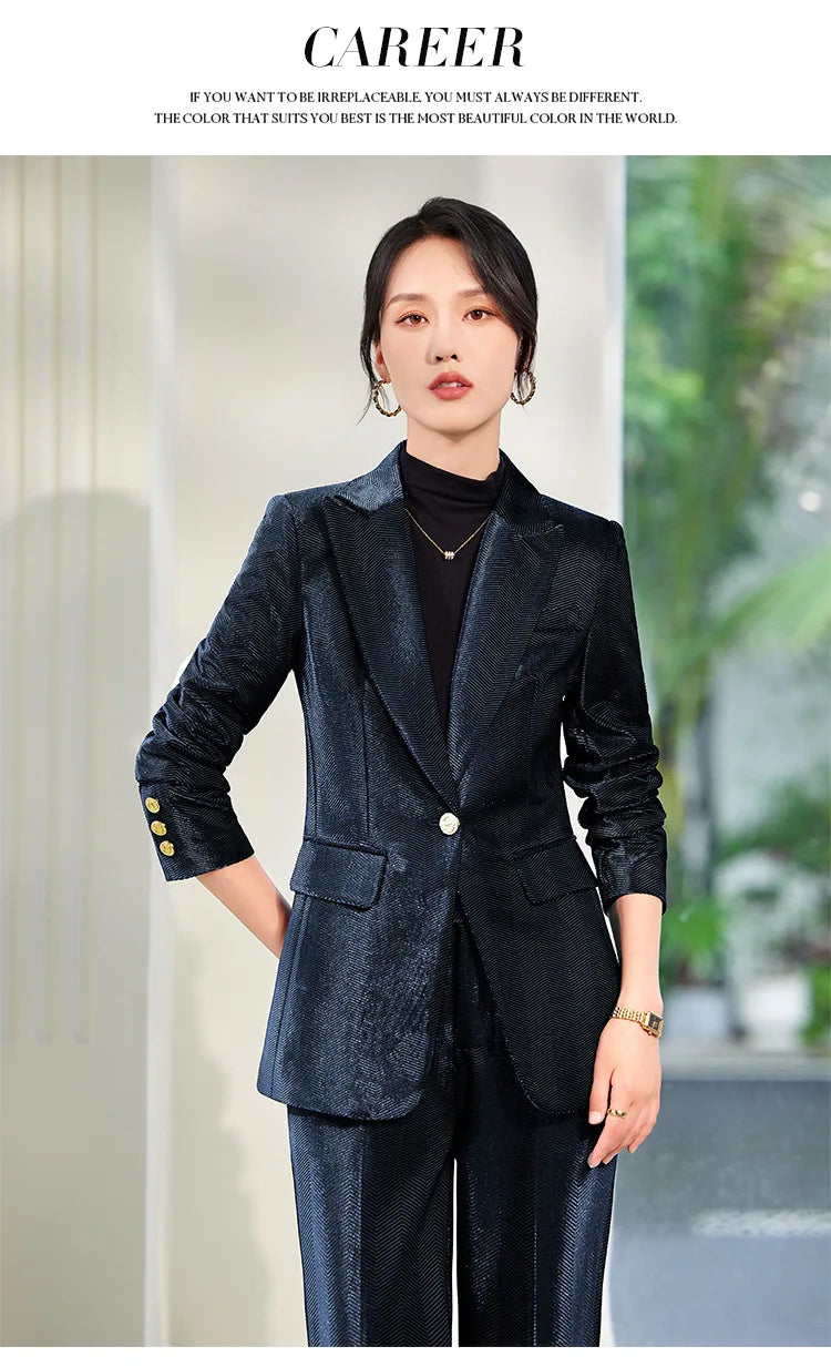 Pleuche Two Piece Sets Womens Outifits 2024 New Fashion Slim Elegant Long Sleeve Blazer Office Lady Flare Pants Suits