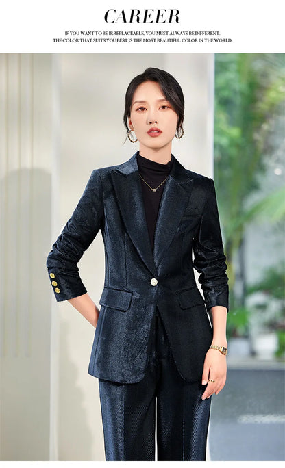 Pleuche Two Piece Sets Womens Outifits 2024 New Fashion Slim Elegant Long Sleeve Blazer Office Lady Flare Pants Suits