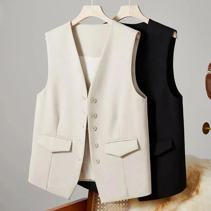 2025 New Women's Blazer High End Casual Vest Waistcoat Female Commuting Slimming Collar Less Sleeveless Short Suit Jacket Lined