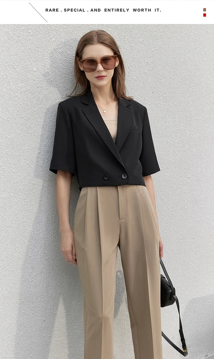 Minimalism Women's Jacket Casual Blazer 2024 Summer Shirts Office Lady Black Business Blazers Short Sleeve Tops 12322062