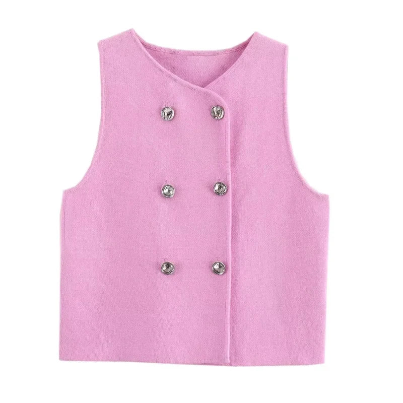 Sweater Lady Vests Sleeveless Pink Knitted Vest For Women Fall Round Neck Short Sweaters Vests Elegant Knit Vests Woman