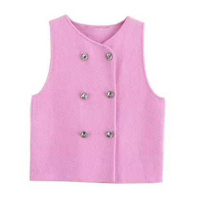 Sweater Lady Vests Sleeveless Pink Knitted Vest For Women Fall Round Neck Short Sweaters Vests Elegant Knit Vests Woman