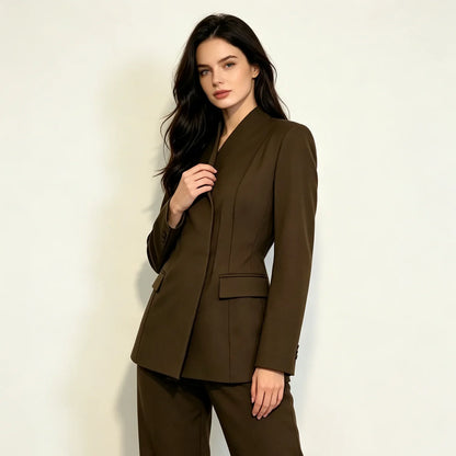 2026 New Women V Neck Blazer No Lapel Waist Shaping Suit Jacket Elegant Office Formal Outerwear 5 Colors