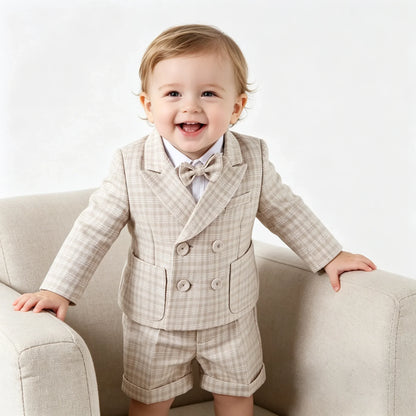 Plaid Suit Set for Boys Formal Blazer Toddler Gentleman Shorts BowTie Perfect for Wedding Birthday Baptism Party Dress Outfit