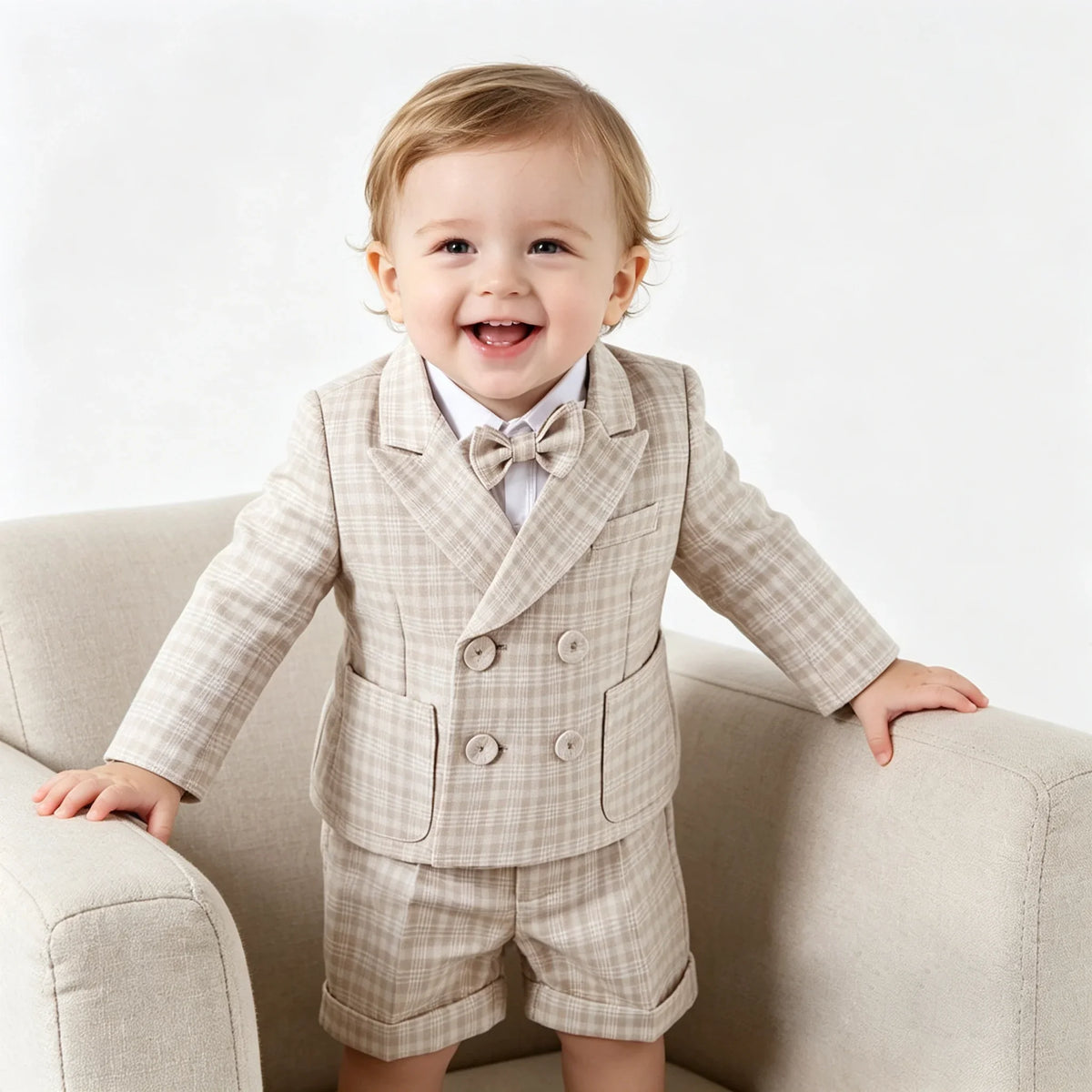 Toddler Gentleman Plaid Suit Set Boys Formal Blazer Waistcoat Suspender Shorts BowTie Wedding Birthday Baptism Party Dress Outft