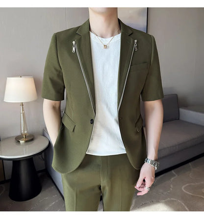 2023 Summer Zipper Decoration Blazers Men Casual Business Suit Jacket Slim Fit 3/4 Sleeve Streetwear Social Jacket Men Clothing