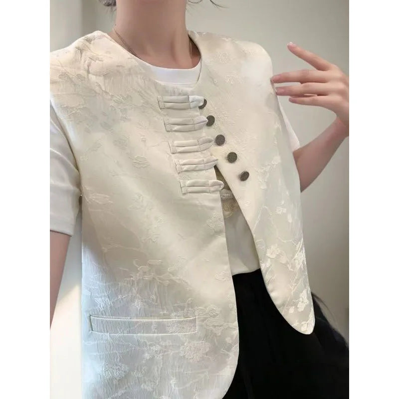 New Chinese Style Buckle Vest Coat For Women New Spring Autumn O-Neck Embroidery Sleeveless Jacket Fashion Jacquard Waistcoat