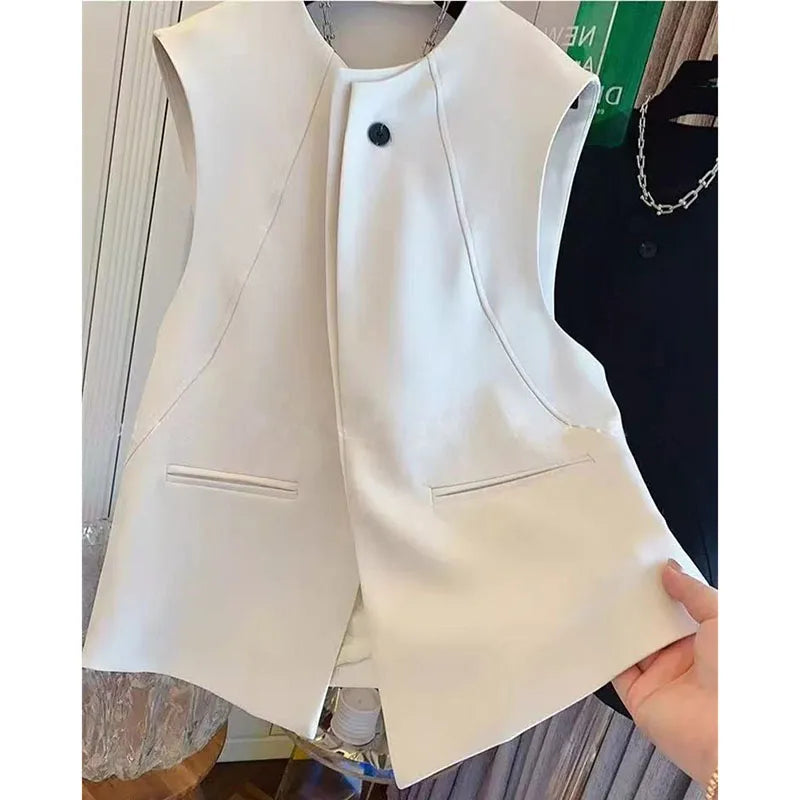 Ladies Solid Color Vest Top Outwear Korean Femme Casual Suit Collar Sleeveless Jacket Spring Women Fashion Loose Waistcoat Coat