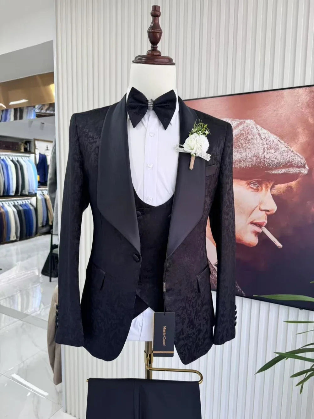 Exquisite Men's Jacquard Suit Set 3 Pieces Wedding Party Prom Wear Classic Shawl Lapel Suit Jacket Man Stage Performance