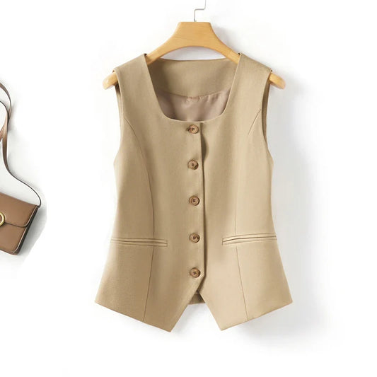 Khaki short square-neck single-breasted vest for women spring and autumn style elegant and mature look short outerwear vest