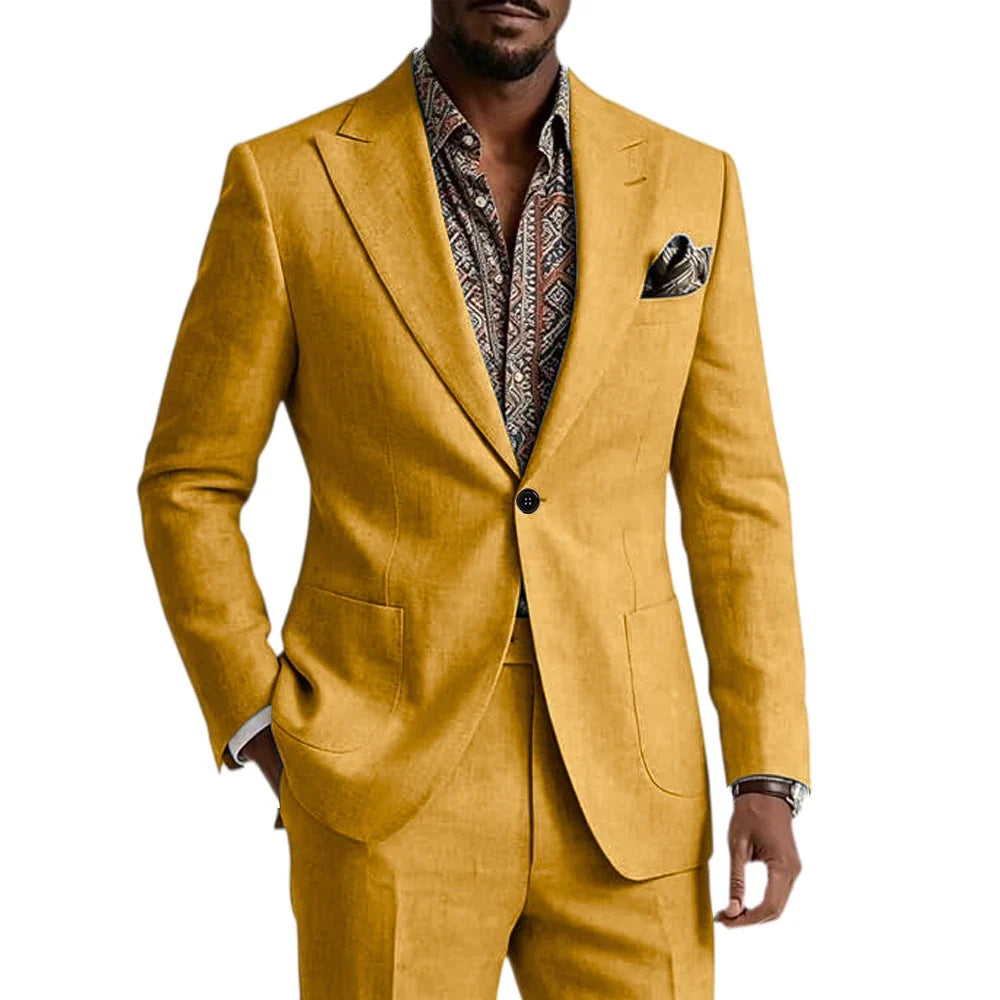 Men's Linen Blend Suit 2 Pieces Set Solid Color Peak Lapel Slim Fit One Button Jacket Pants Formal Outfit Wedding Business Casua
