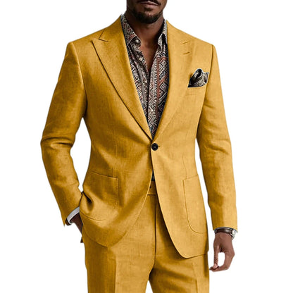 Men's Linen Blend Suit 2 Pieces Set Solid Color Peak Lapel Slim Fit One Button Jacket Pants Formal Outfit Wedding Business Casua
