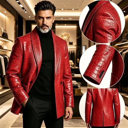 Men's Luxury Shawl Lapel Blazer Crocodile Embossed Leather Slim Fit Double Breasted Coat For Business Wedding Party Evening Wear