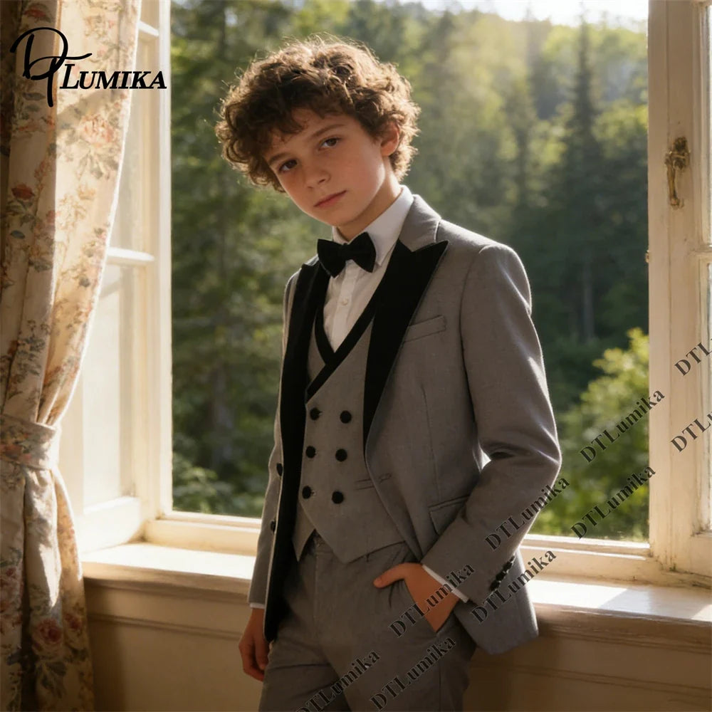 Boys 3-Piece Suit Set with Velvet Lapel — Kids Formal Blazer, Vest & Pants for Weddings & Special Occasions