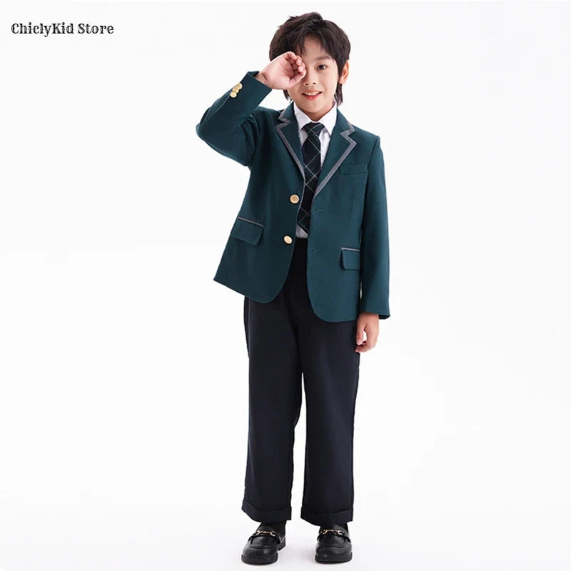 Boys Green Blazers Pants School Uniform Girls Jacket Skirt Shirt Tie Suits Kids Formal Dress Tuxedo Children Student Clothes Set