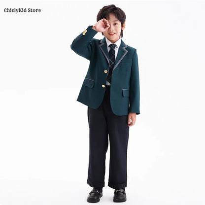 Boys Green Blazers Pants School Uniform Girls Jacket Skirt Shirt Tie Suits Kids Formal Dress Tuxedo Children Student Clothes Set