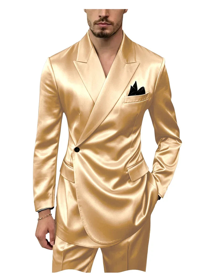 Men's 2 Piece Satin Suit Asymmetrical Wrap Peak Lapel Suit One Button Slim Fit Blazer Pants Wedding Formal Evening Luxury Outfit