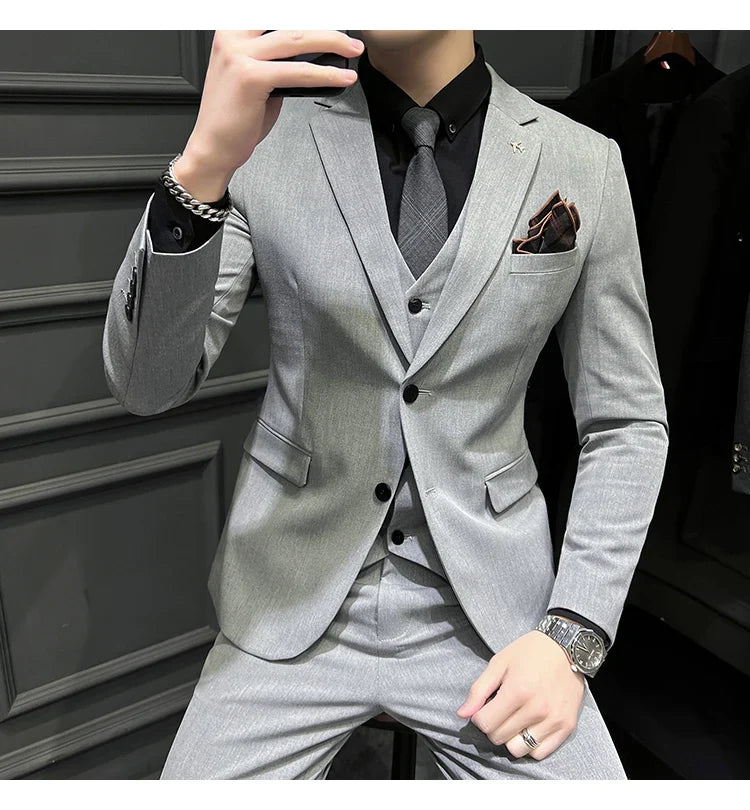 Men's Slim Fit 3-Piece Suit – Solid Color, Smart Casual & Wedding