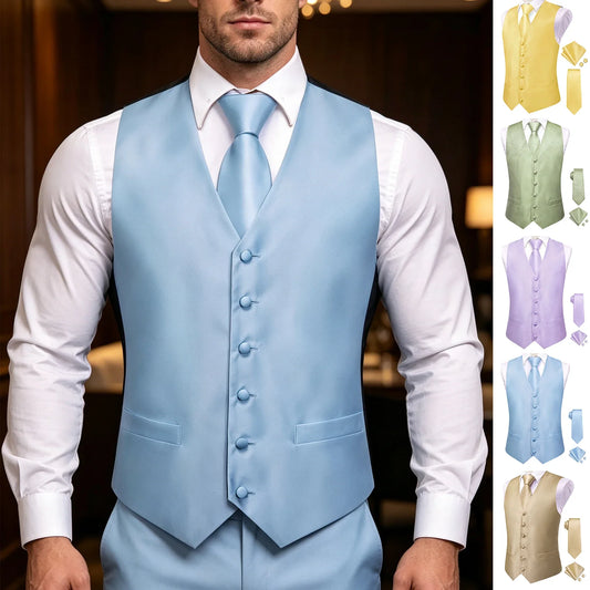 Men's Suit Vest Set with Tie and Pocket Square – V-Neck Plain Front for Weddings and Formal Events