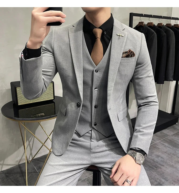 (Jacket +Vest+Pants) Plus Size 7XL-S Men Korean Slim Fit Groom Wedding Business Casual Tuxedo Mens Work Social Suit 3 Pieces