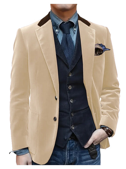 Men Velvet Blazer Contrast Brown Lapel Single Breasted Flap Pockets Smart Casual Business Streetwear Formal Outerwear